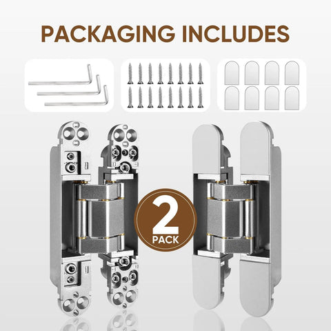Hidden Door Hinges Set Two Pack Six Inch Three Way Adjustable Invisible Hinges With 180 Degree Swing Heavy Duty Concealed Hinges Load Bearing Up To 88 Lbs Silver Finish For Hidden Doors And Feature Walls packaging box