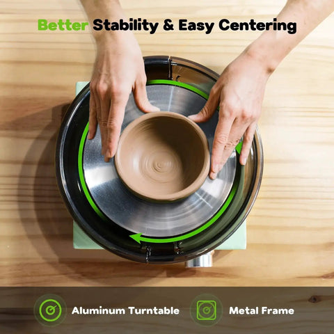 Mini Pottery Wheel Kit With 6 Inch Turntable Two Way Rotation Metal Frame And Removable Splash Tray Includes 18 Piece Sculpting Tools Ceramic Craft Machine Kid Friendly For Beginners in use with hands shaping clay.