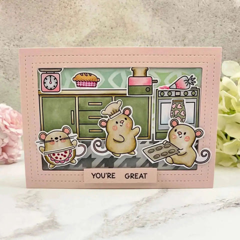 Handmade greeting card with cute mice baking theme, featuring pink stitched rectangle frame and 'You're Great' message
