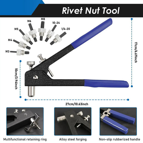 Rivet Nut Tool Kit With 7 Mandrels And 455 Rivet Nuts, showing tool with blue handles and various mandrels sizes M3 to 1/4-20.