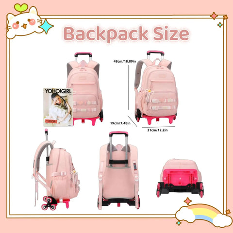 Front, side, and back views of Kids Rolling Backpack With Wheels Trolley School Bag For Girls And Boys, showing size dimensions.