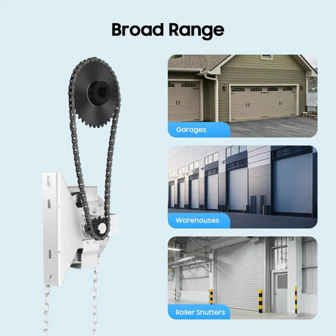Garage Door Jackshaft Chain Hoist With Three To One Ratio 331 Lbs Capacity next to images of garages, warehouses, roller shutters.