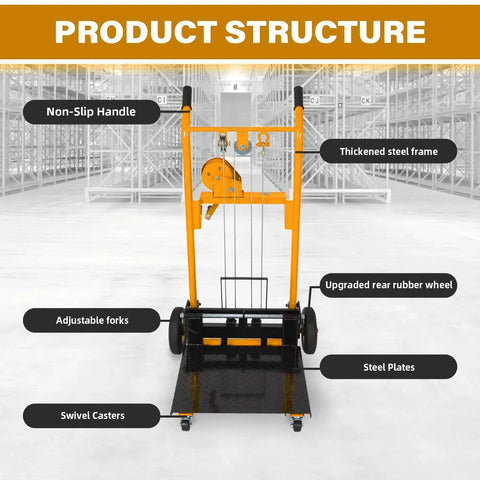 APOLLOLIFT manual material lift winch stacker with 440 lb capacity, yellow steel frame and swivel casters