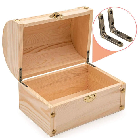 Open wooden box with Six Pack 90 Degree Wooden Box Hinges With 24 Screws Bronze Finish for jewelry boxes and chests visible on side.