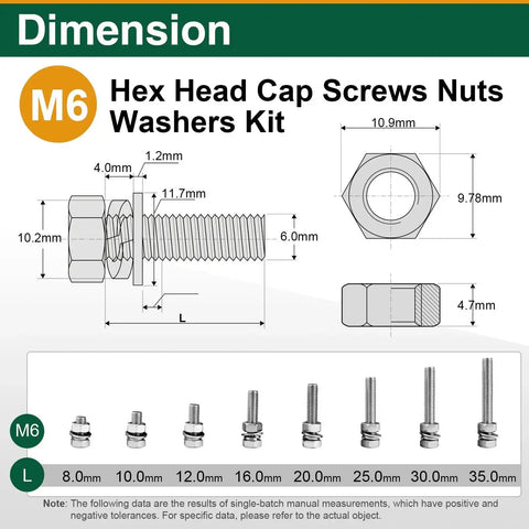 Massive 182Piece M6 Nuts And Bolts Kit With A2-70 Stainless Steel Hex Head Cap Screws M6x8 To M6x35 Includes Flat Washers And Lock Washers