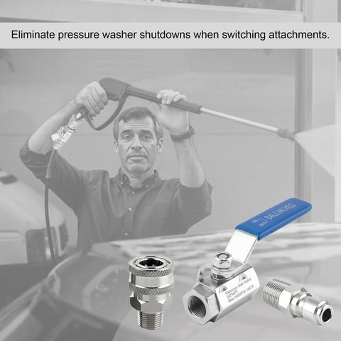 Heavy Duty Ball Valve For Pressure Washer With Hot Water Capability Stainless Steel Body Three Eighths Inch Quick Connect Shut Off Valve Up To Five Thousand PSI Fits High Power Washer Gun And Hose Anti Slip Ergonomic Grip Raincovo shown in installation and close-up views with quick connect features