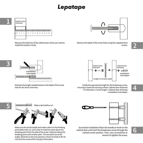 Installation instructions for cabinet door handle using Lepatape guide, including measuring, cutting, and securing steps.