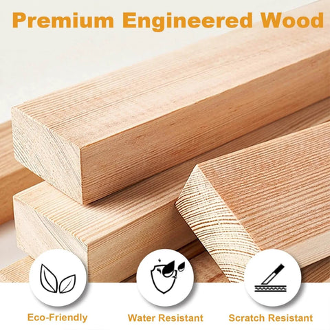 Close-up of premium engineered wood beams showcasing eco-friendly, water-resistant, and scratch-resistant properties.