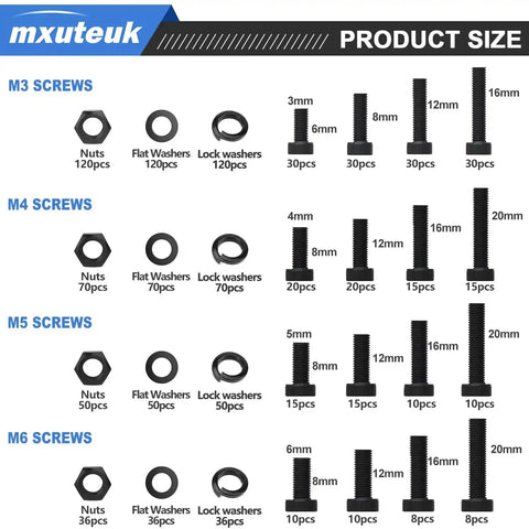 Metric Screw Assortment Kit With Lock And Flat Washers For M3 M4 M5 M6 Hex Socket Head Cap Screws 12.9 Carbon Steel Bolts Nuts Set