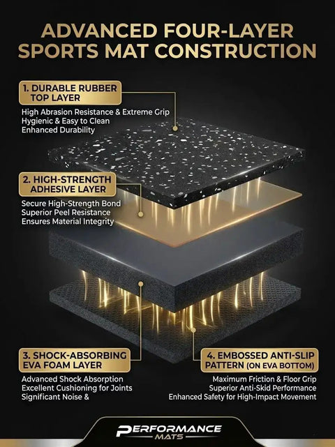 Advanced four-layer sports mat construction showing layers of durable rubber, adhesive, EVA foam, and anti-slip pattern for gym equipment protection.