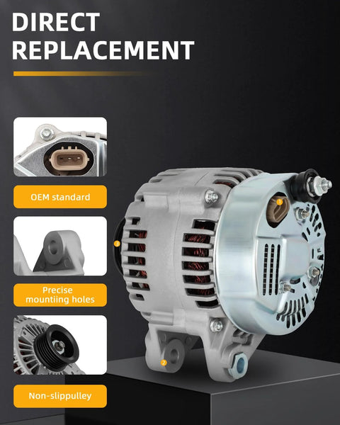 130 Amp 12V Alternator Replacement For Hyundai Azera Entourage Santa Fe Sonata Veracruz Kia Sedona Sorento Beefy Drop In Auto Electrical Generator Built To Last With Smooth Power And Easy Fit For 2006 2012 Models; front view with precise mounting holes and non-slipl pulley displayed