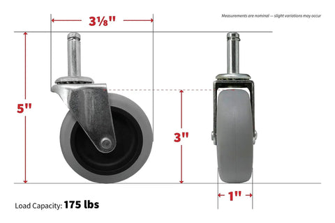 3-Inch Swivel Stem Caster With Non-Marking TPR Rubber Wheel, 7/16-Inch Stem Diameter, side and front view with measurements