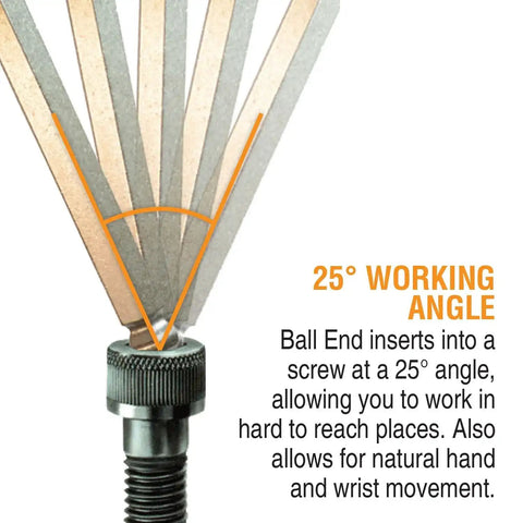GoldGuard Ballpoint L-Wrench Set showing 25-degree working angle for flexible reach in mechanical fixes