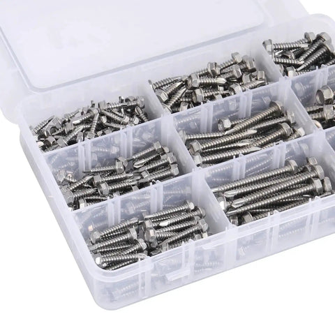 Self Drilling Screws Assortment Kit In 410 Stainless Steel, 370 Pieces DIY Friendly Self Tapping Hex Washer Head Screws