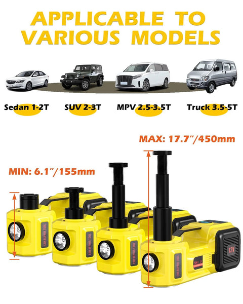 Electric car jack set, 5-ton, 12V, yellow portable jacks with adjustable height 6.1–17.7 in (four units)