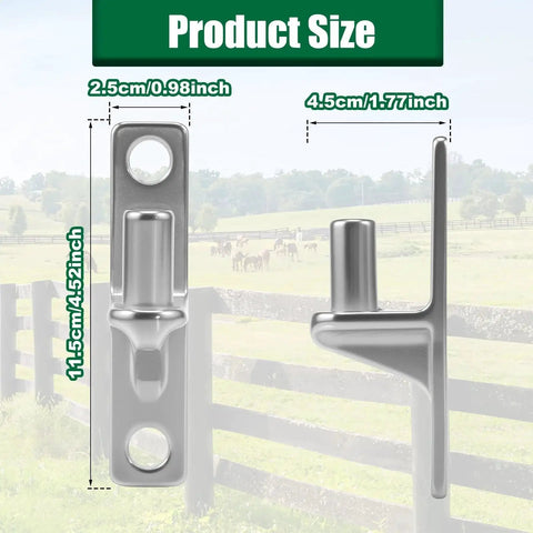 2 Pack Stainless Steel Wall Mount Gate Hinges With 5/8 Inch Pins, shown front and side view, with dimensions for framed doors.