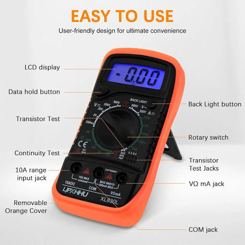 Digital Multimeter Voltmeter And Battery Tester With Backlit LCD For AC DC Voltage DC Current Resistance Continuity Diode Transistor HFE Test And Car Battery Check Includes Test Leads, front view showing LCD display and buttons.