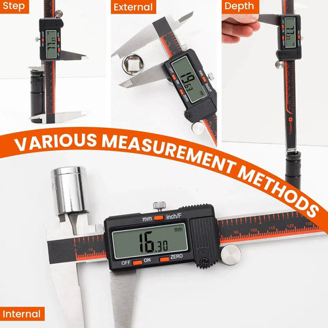 Workhorse Digital Caliper 0 To 8 Inch Range With Large LCD Auto Off Inch Fractions And MM Conversion Stainless Steel Pro Grade Electronic Micrometer for step, internal, external, and depth measurements.