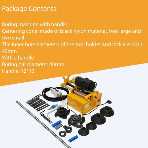 Portable 110V Line Boring Machine With 4.92 Ft Drilling Bar And Control Handle For Excavators, kit components and accessories visible.