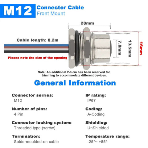 Diagram of IP67 Waterproof M12 4 Pin A Coded Female Bulkhead Connector Cable 0.2M 2 Pack with dimensions and specifications.