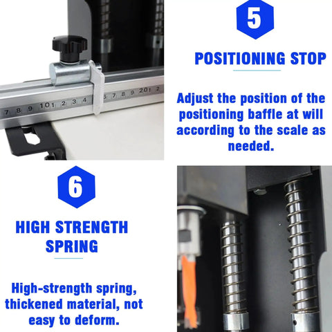 Close-up of Portable Electric Hinge Boring Insertion Machine showing positioning stop and high-strength spring details.