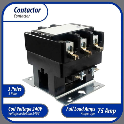 Heavy Duty 3 Pole Contactor 75 Amp 240 Volt Coil Replacement For AC Compressors And Electrical Applications UL Listed