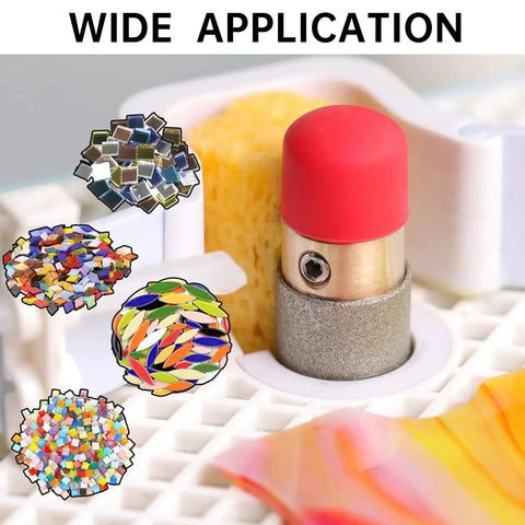 Stained Glass Diamond Grinder Bits Brass Core Three Quarter Inch Two Pack For Glass Grinding And Shaping Diamond Coated Drill Bit Heads Pro Grade For Stained Glass Projects And Mosaics installed and ready for use with mosaic and stained glass materials.