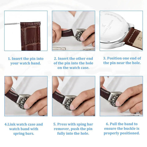 Step-by-step instructions using Watch Band Pins And Spring Bar Repair Kit With Strap Remover Tool, 360 Pieces Set for watch repair.