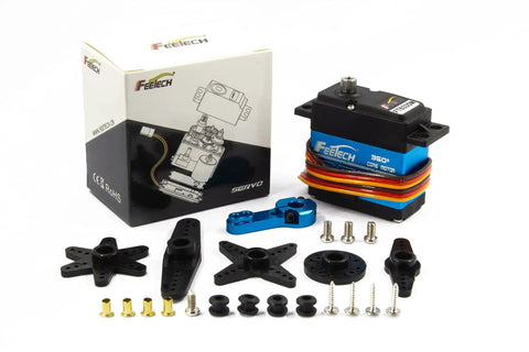 FEETECH 35KG servo FT6335M with blue aluminum case, black top, multi-color wires; includes mounting horns and screws.