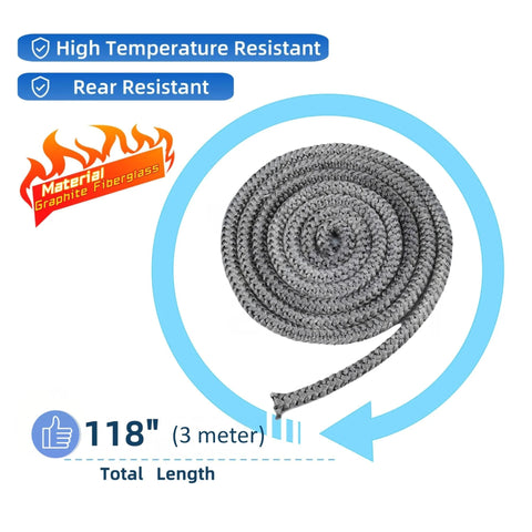 Wood stove gasket coil, graphite fiberglass braided rope, 1/4 x 118 inches, high temperature resistant