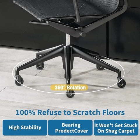 Transparent 3 Inch Office Chair Wheels Replacement Set of 5 shown on hardwood floor with 360° rotation, steel bracket.