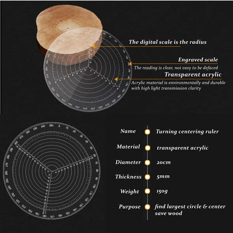 8 Inch Round Center Finder Compass Transparent Acrylic for woodworking, showing transparent design and engraved scale on log.