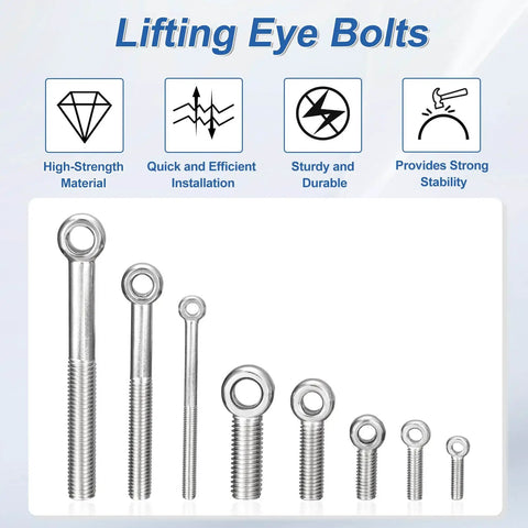 4-Pack M5 X 60mm Lifting Eye Bolts, 304 Stainless Steel Industrial Grade Eyebolts arranged on a display, varying sizes shown.