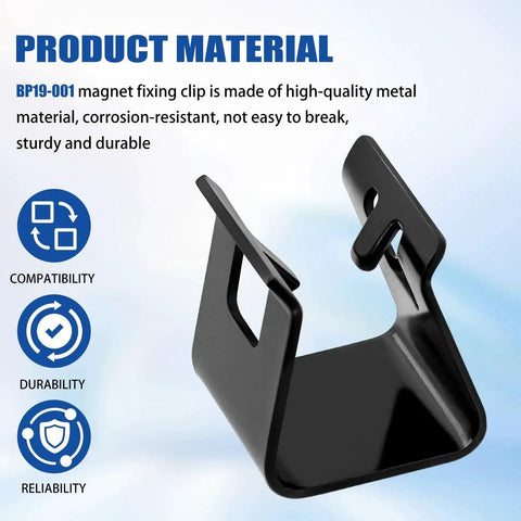 Close-up view of Houoto BP19-001 magnet retainer clip for 10–12 inch trailer magnets, black metal, 4-pack.