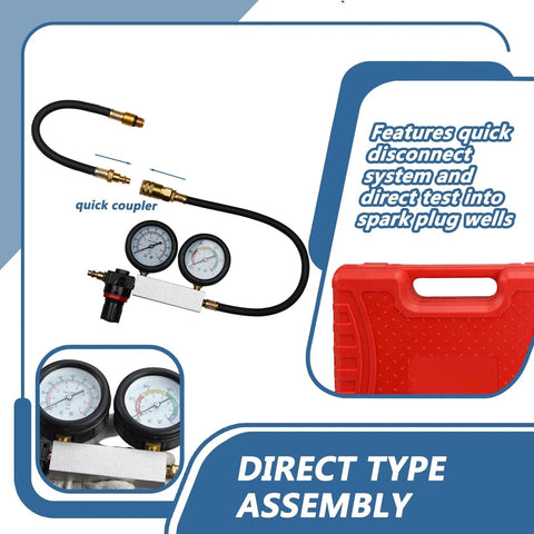 Compression Leakdown Tester Kit For Gasoline Engines Handor Dual Gauge With Universal Connectors And Adapters 3 In 1 Diagnostic Tool For Pressure Check And Leakage Rate Test shown with red case and hoses.