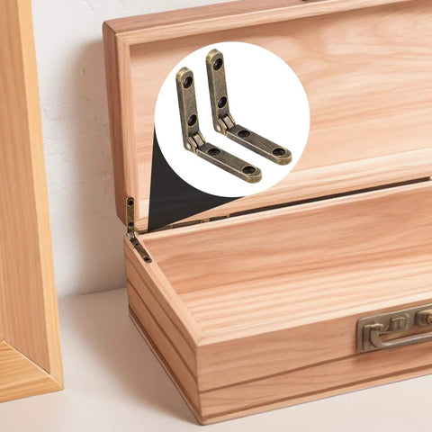 Six Pack 90 Degree Wooden Box Hinges With 24 Screws Bronze Finish installed on wooden box corner for DIY projects