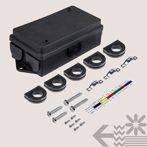 7-Way Trailer Wiring Junction Box With Waterproof 7-Pin Terminal Block and mounting hardware displayed