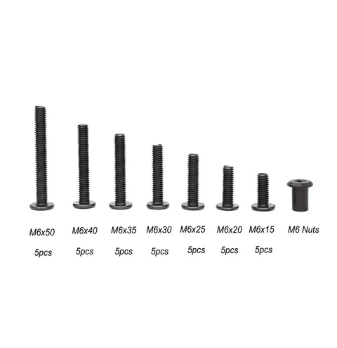 Assorted M6 bolts in varying lengths with M6 nuts, black zinc plated from the M6 Furniture Connector Bolts And Barrel Nuts Set