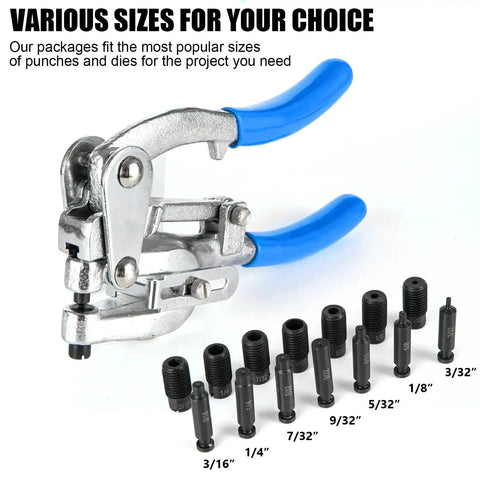 Image of Pro Grade Metal Hole Punch Tool Set for Aluminum Brass and Steel with 3/32 to 9/32 inch carbon steel punches and handles