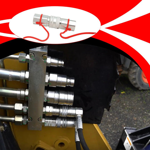 Hoqqf hydraulic quick-connect fittings, 1/2-inch NPT flat-face, ISO16028, red dust caps, on skid-steer.
