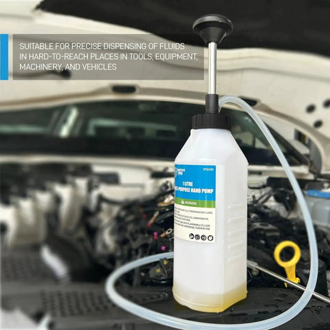 1 Liter Oil Transfer Pump for Engine and Transmission Fluids Narrow Space in car engine bay with hose and ergonomic handle