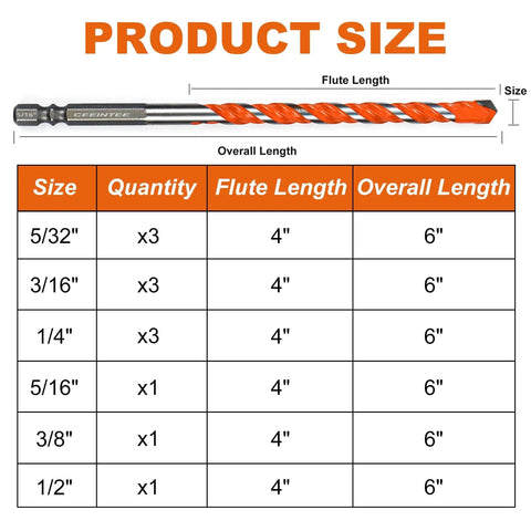 Durable Concrete Drill Bit Set With Carbide Hex Shanks For Masonry And Glass Brick Plastic Cement Tile Includes Twelve Six Inch Bits In Sizes Five Thirty Second Inch Through One Half Inch Ceeintee product size chart with bit and measurements.