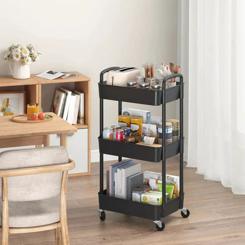 3 Tier Plastic Rolling Utility Cart With Handle For Office Kitchen And Living Room, black organizer with items.