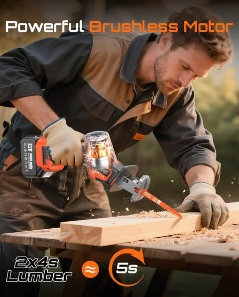 Man using Beast Of A Cordless Reciprocating Saw With 8 Blades, Dual 4000mAh Batteries for cutting wood outdoors