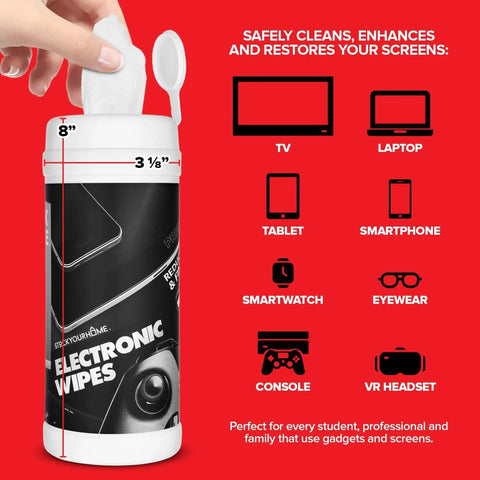 Hand pulling wipe from Streak-Free Electronic Screen Cleaning Wipes 80 Count 2 Pack For TVs And Devices with icons showing usage