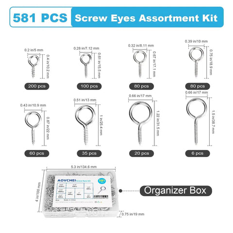 Eye Screws Set 581 Pcs Assorted Sizes Self Tapping Metal Eye Hooks for Hanging Artwork Crafts Indoor Outdoor Silver