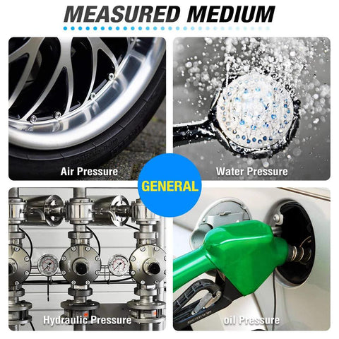 Meanlin air pressure gauge collage: 2-inch steel, 0–100 psi, FNPT connection; air, water, hydraulic, and oil pressure scenes.