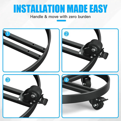 LLNYFL 55-gallon drum dolly with anti-rollover frame, four swivel casters and two brakes, black.