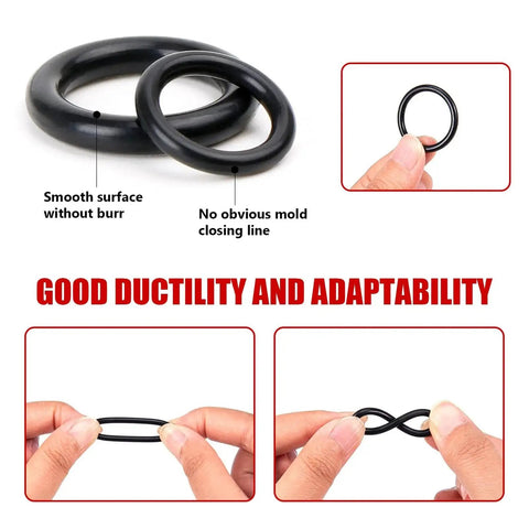 Images of 225 Piece O Ring Assortment Kit For Gasket Seals And Plumbing showing NBR rubber rings highlighting smooth surface and flexibility.