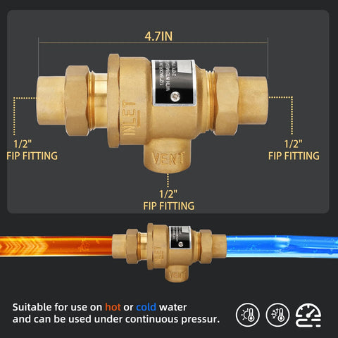 Brass 1/2 in backflow preventer with dual check valve and atmospheric vent, 1/2 in FIP fittings.